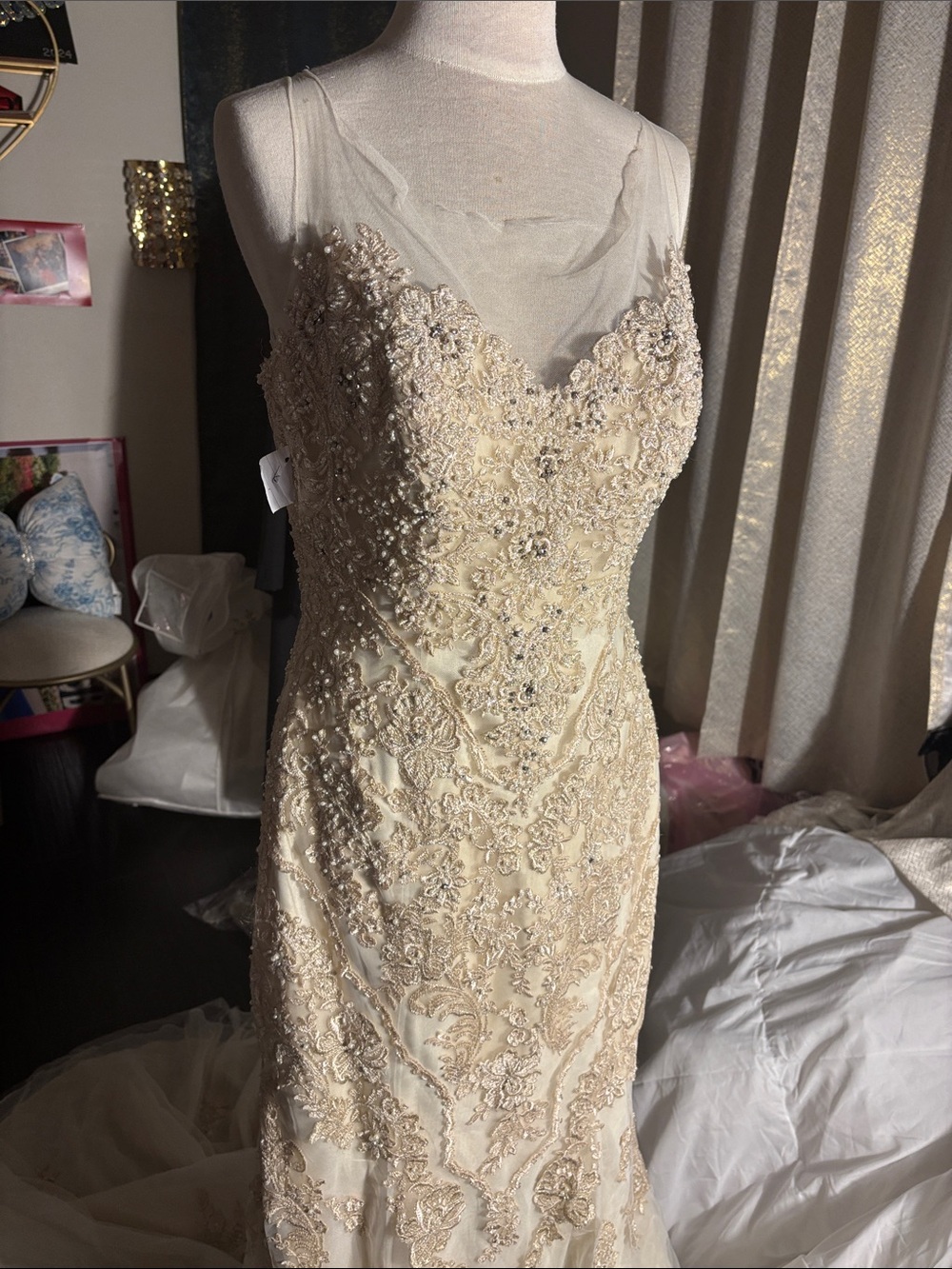 David's Bridal Champagne Beaded Lace Wedding Dress
